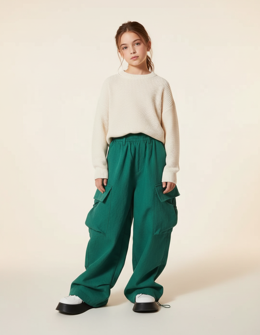 Pantalon Baggy Vert Cargo Ample Décontracté Fille - Coton