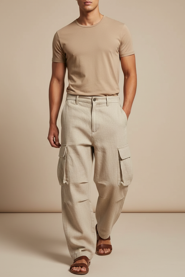 Pantalon Baggy Homme Beige Cargo Toile - Lin