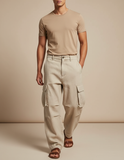 Pantalon Baggy Homme Beige Cargo Toile - Lin