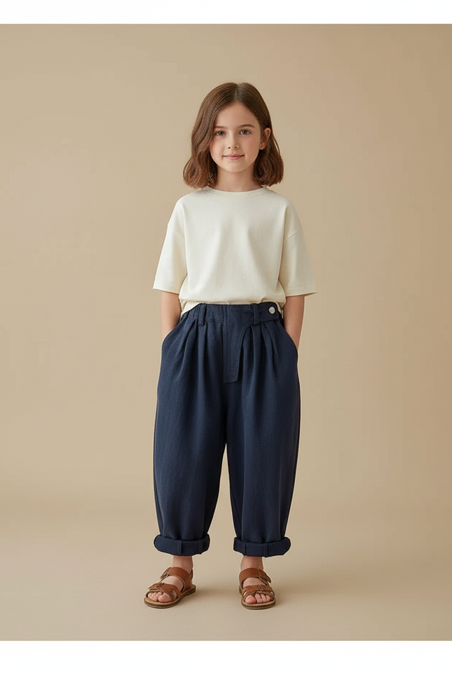 Pantalon Baggy Bleu Marine Ample Plissé Coton Enfant