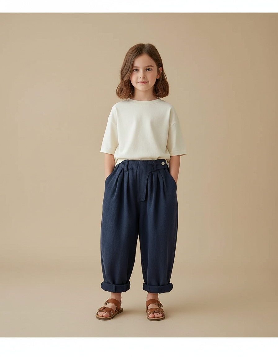 Pantalon Baggy Bleu Marine Ample Plissé Coton Enfant