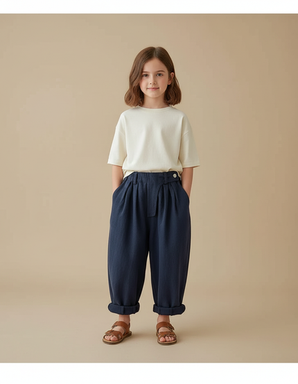 Pantalon Baggy Bleu Marine Ample Plissé Coton Enfant