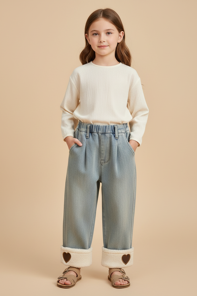 Pantalon Baggy Jean Bleu Doublé Chaud Cœur Fille