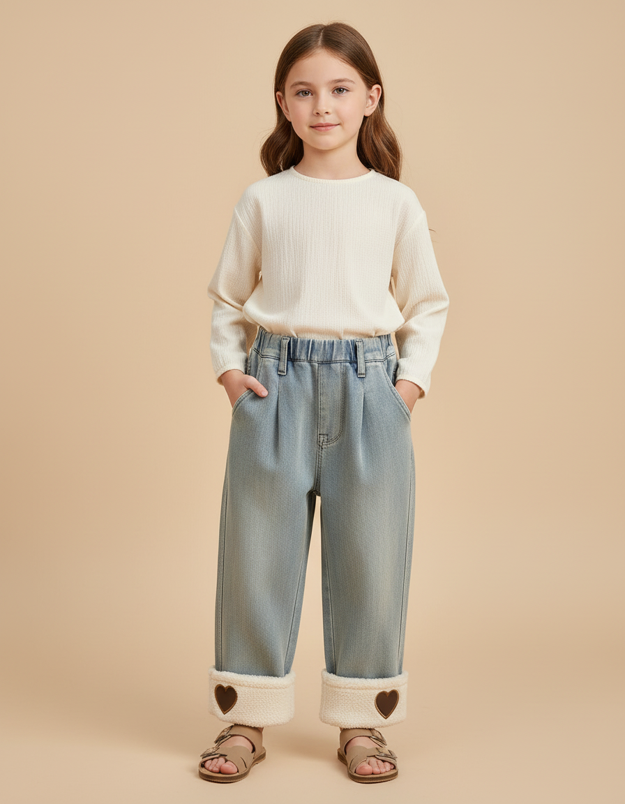 Pantalon Baggy Jean Bleu Doublé Chaud Cœur Fille