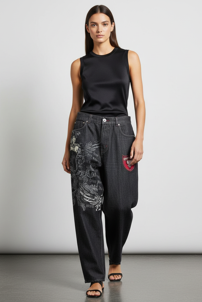 Pantalon Baggy Denim Noir Imprimé Graphique Large Femme - Jean
