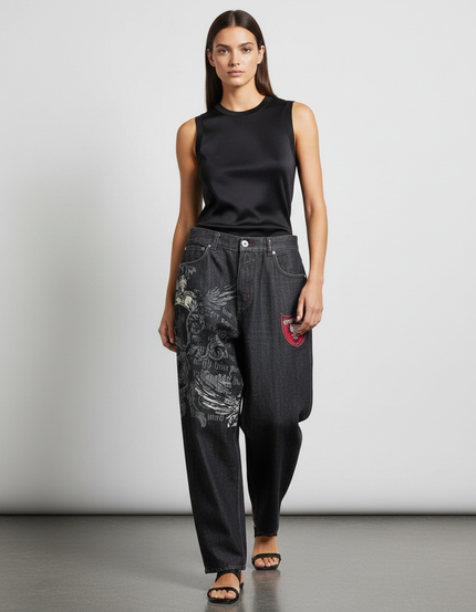 Pantalon Baggy Denim Noir Imprimé Graphique Large Femme - Jean