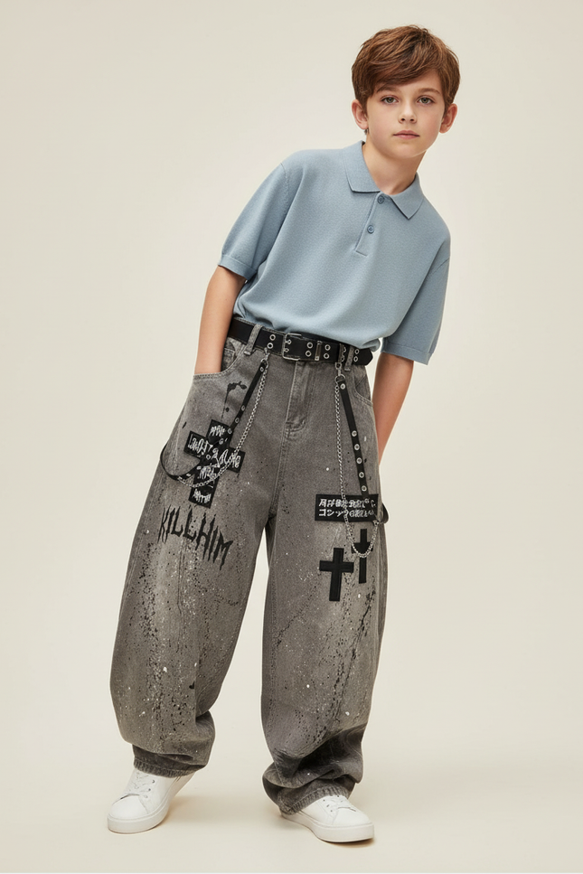 Pantalon Baggy Gris Délavé Imprimé Croix Chaînes - Jean