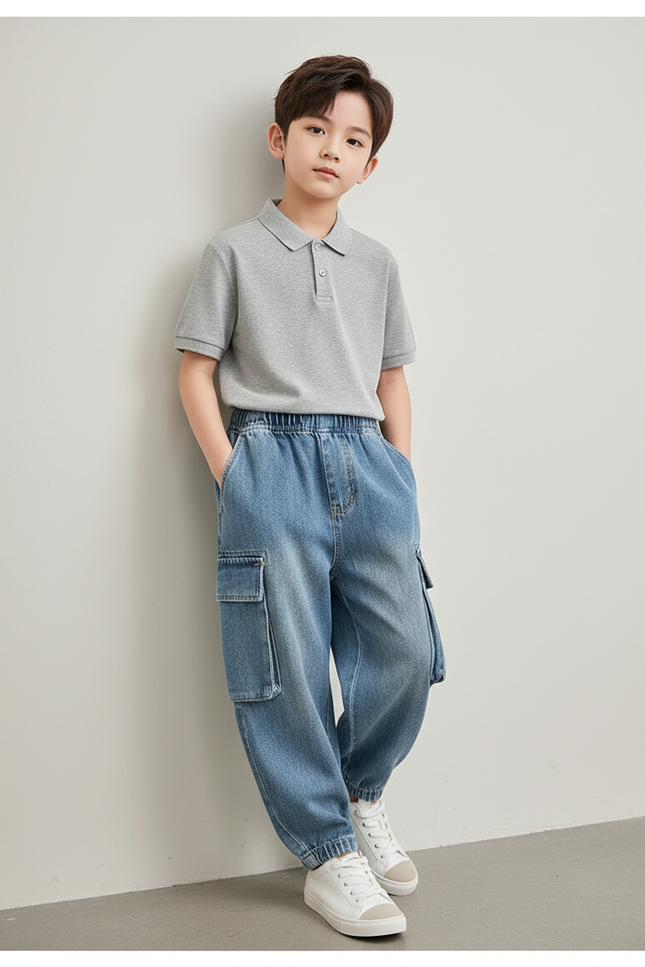 Pantalon Baggy Jean Bleu Cargo Ample Garçon Décontracté