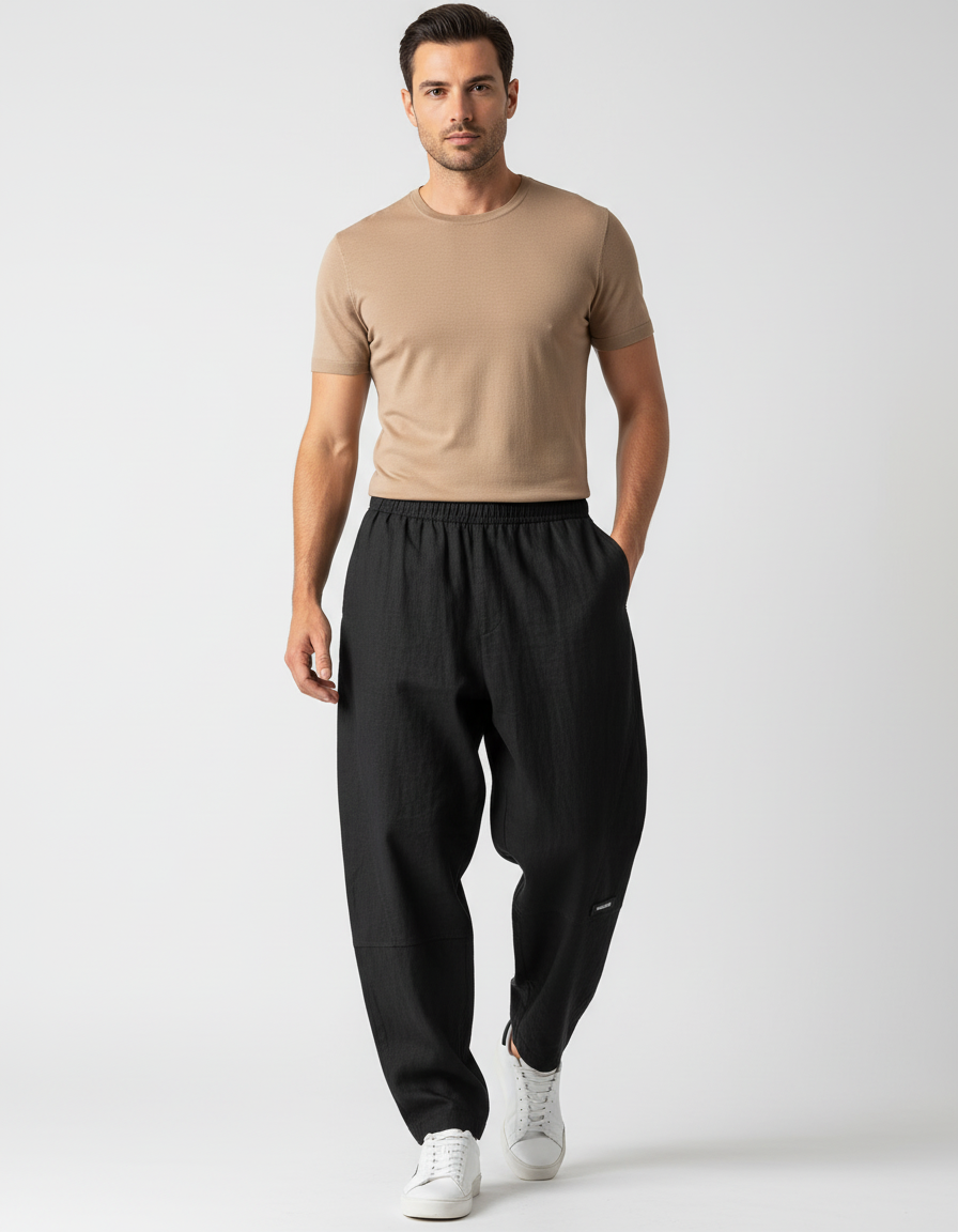Pantalon Baggy Noir Ample Fluide Décontracté - Lin