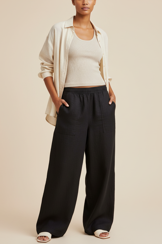 Pantalon Baggy Noir Lin Ample Poches Fluide