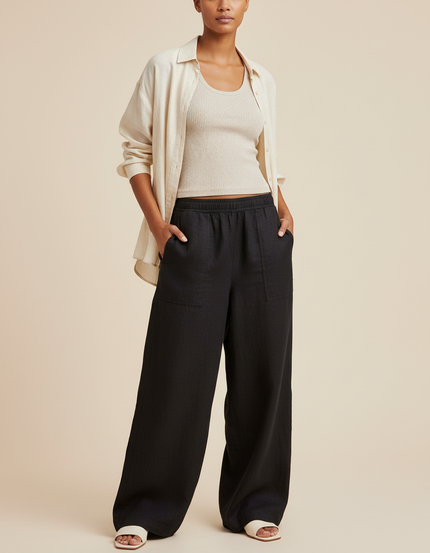 Pantalon Baggy Noir Lin Ample Poches Fluide