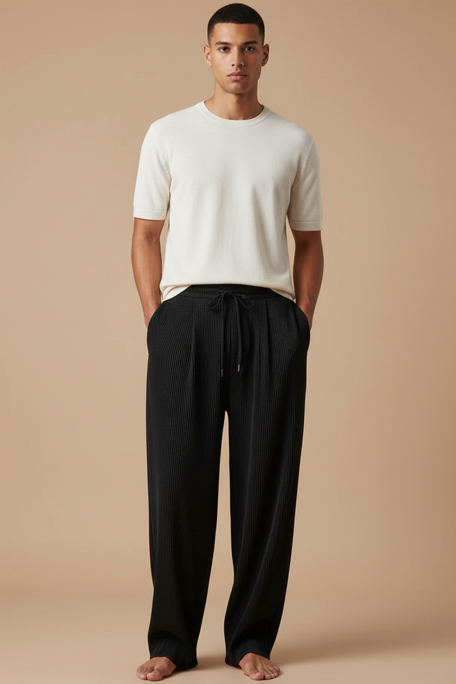 Pantalon Baggy Noir Plissé Ample Cordon Décontracté - Polyester