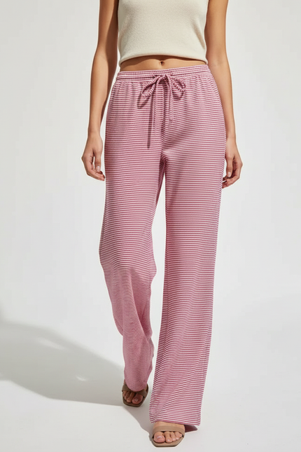 Pantalon Baggy Rayé Rose Ample Droit Cordon - Maille