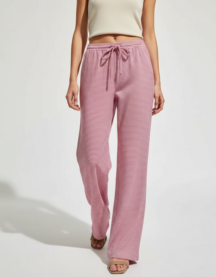Pantalon Baggy Rayé Rose Ample Droit Cordon - Maille