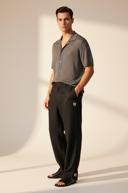 Pantalon Baggy Noir Lin Ample Brodé Homme