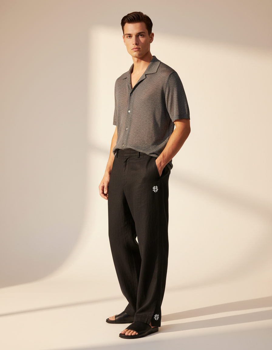 Pantalon Baggy Noir Lin Ample Brodé Homme