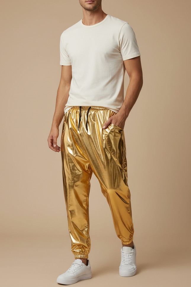 Pantalon Baggy Doré Métallique Ample Cordon Homme - Polyester
