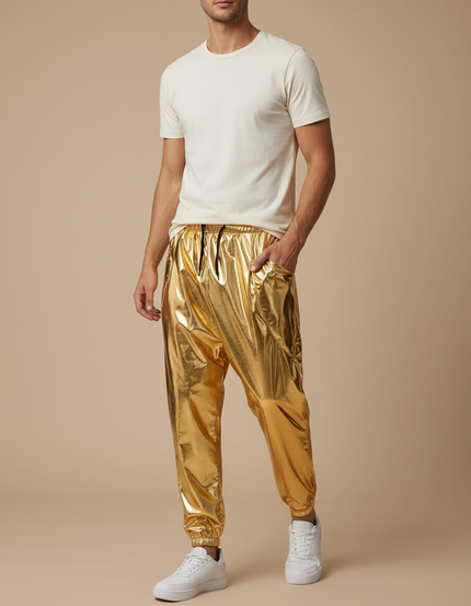 Pantalon Baggy Doré Métallique Ample Cordon Homme - Polyester