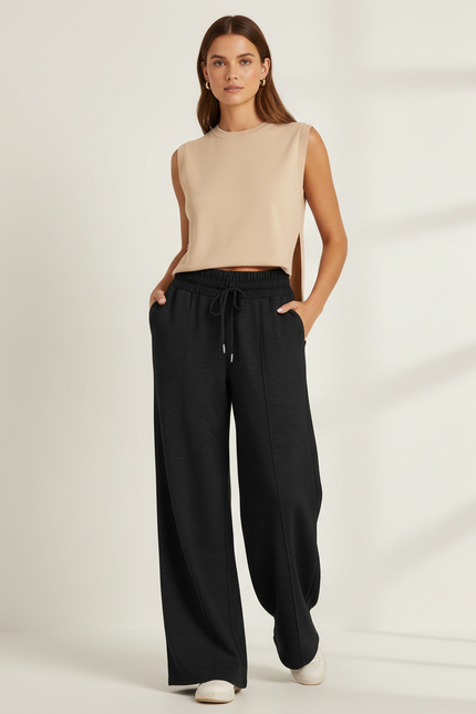 Pantalon Baggy Noir Ample Fluide Décontracté Cordon - Molleton