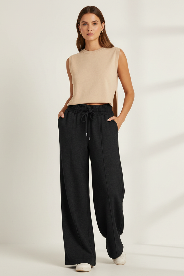 Pantalon Baggy Noir Ample Fluide Décontracté Cordon - Molleton