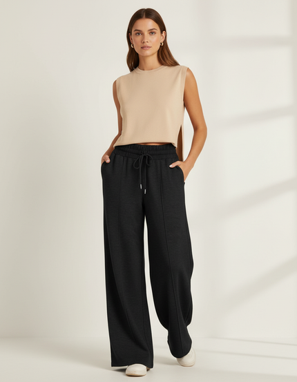 Pantalon Baggy Noir Ample Fluide Décontracté Cordon - Molleton