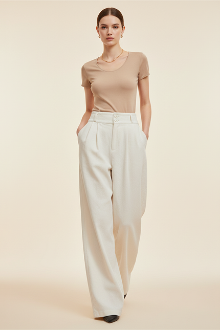 Pantalon Baggy Blanc Cassé Plissé Ample Femme - Laine