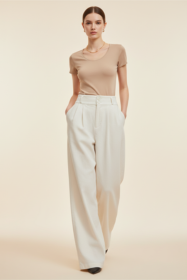 Pantalon Baggy Blanc Cassé Plissé Ample Femme - Laine