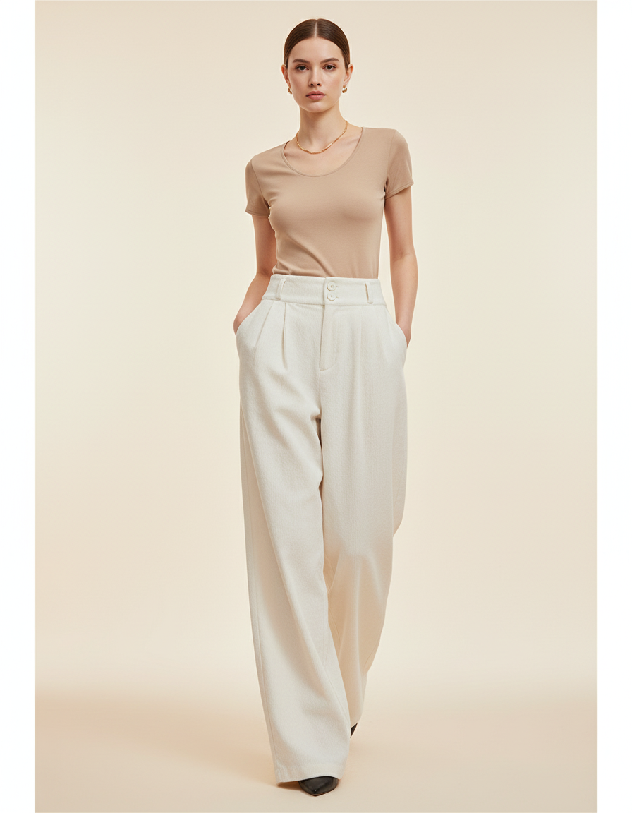 Pantalon Baggy Blanc Cassé Plissé Ample Femme - Laine