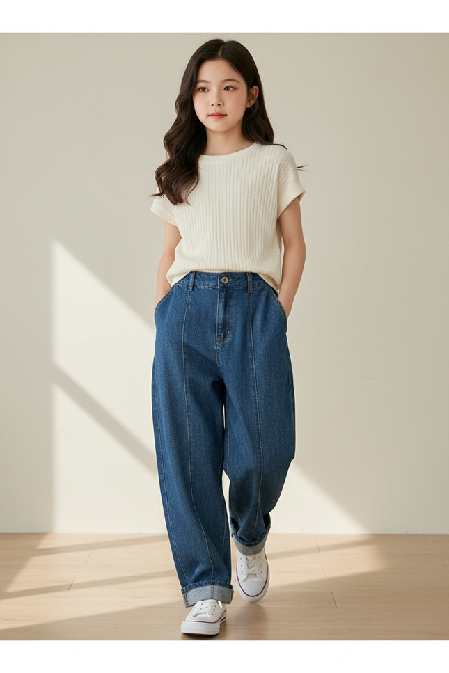 Pantalon Baggy Jean Bleu Ample Taille Haute Fille