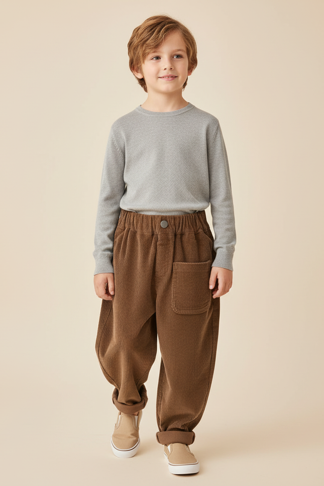Pantalon Baggy Marron Velours Côtelé Ample Décontracté Enfant - Cordé