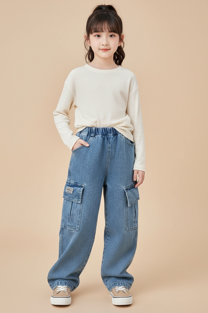 Pantalon Baggy Denim Bleu Ample Cargo Enfant - Jean