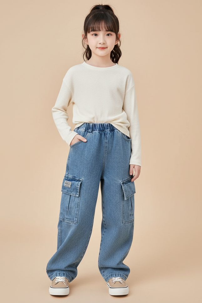 Pantalon Baggy Denim Bleu Ample Cargo Enfant - Jean