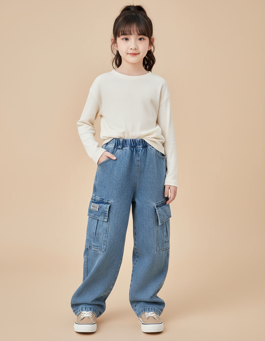 Pantalon Baggy Denim Bleu Ample Cargo Enfant - Jean