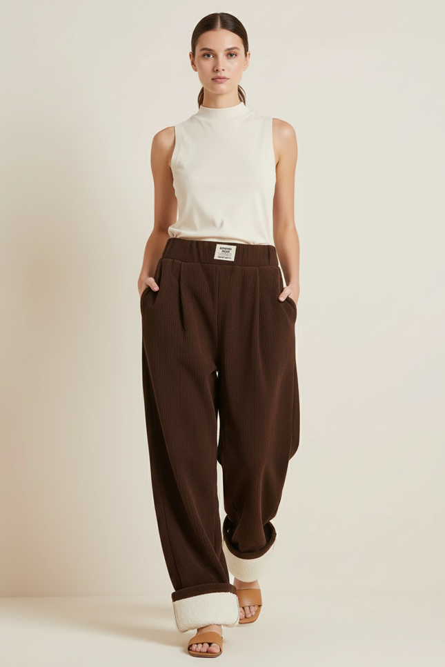 Pantalon Baggy Marron Côtelé Doublé Polaire Ample Femme - Cordé