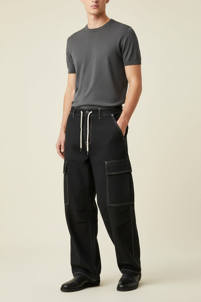 Pantalon Baggy Noir Coton Ample Cargo Couture - Toile