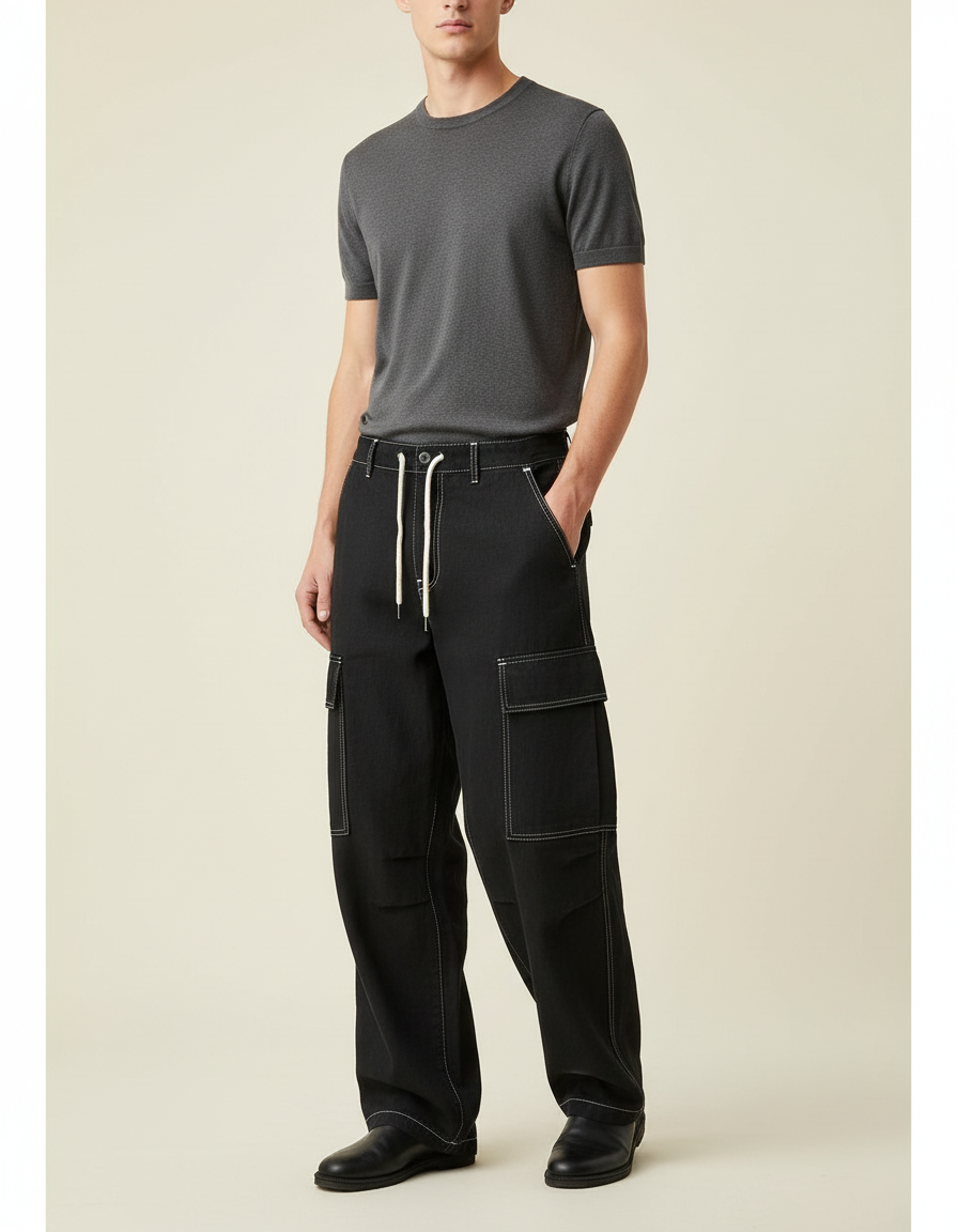 Pantalon Baggy Noir Coton Ample Cargo Couture - Toile