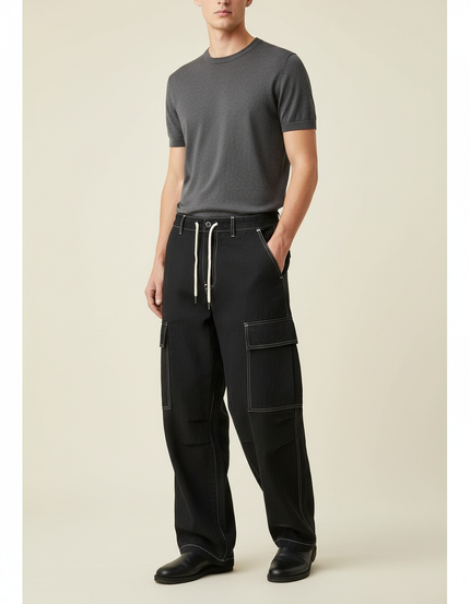 Pantalon Baggy Noir Coton Ample Cargo Couture - Toile