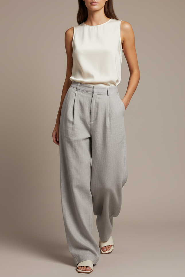 Pantalon Baggy Gris Plissé Ample Décontracté Fluide - Laine