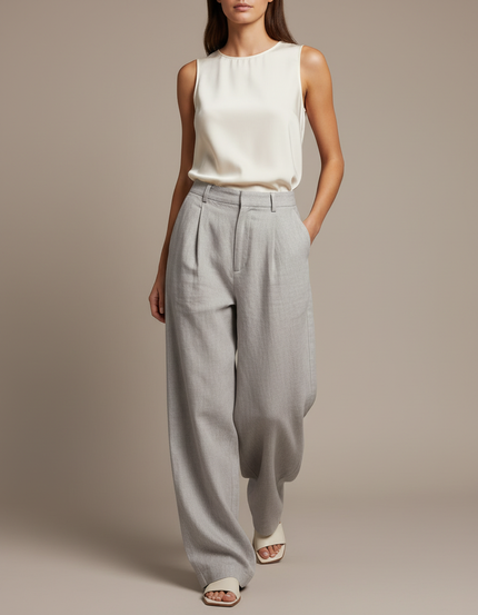 Pantalon Baggy Gris Plissé Ample Décontracté Fluide - Laine