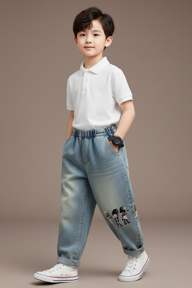 Pantalon Baggy Jean Bleu Ample Décontracté Dessins Garçon