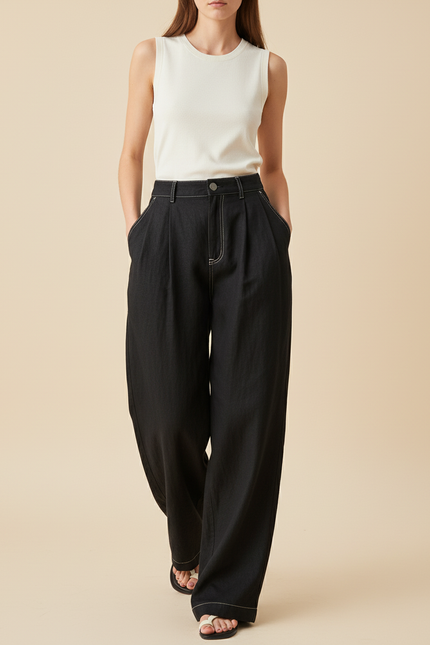 Pantalon Baggy Noir Ample Coton Plissé Femme - Jean