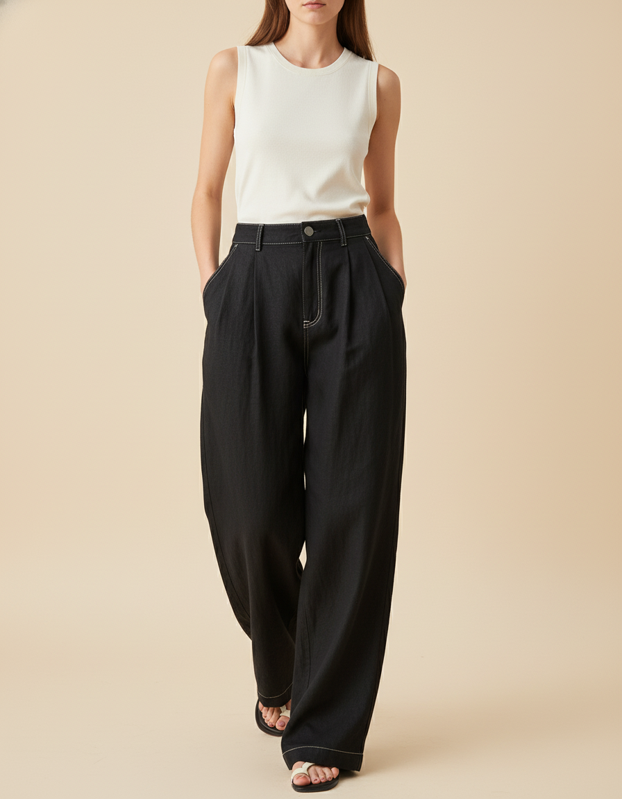 Pantalon Baggy Noir Ample Coton Plissé Femme - Jean