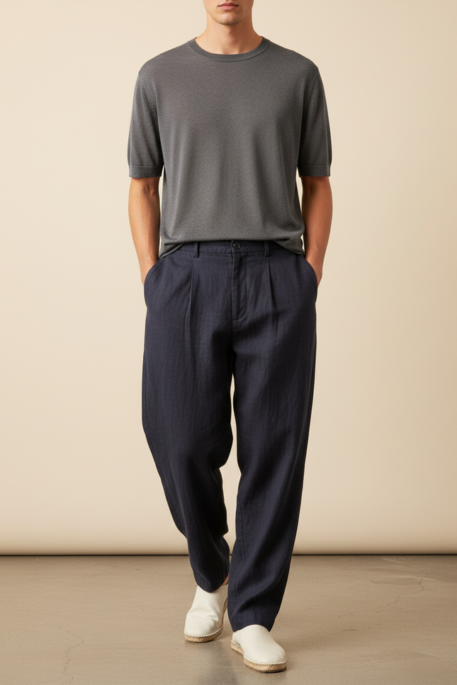 Pantalon Baggy Bleu Marine Lin Plissé Ample Décontracté