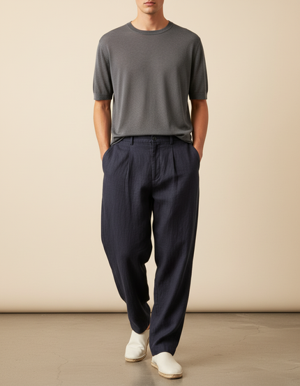 Pantalon Baggy Bleu Marine Lin Plissé Ample Décontracté