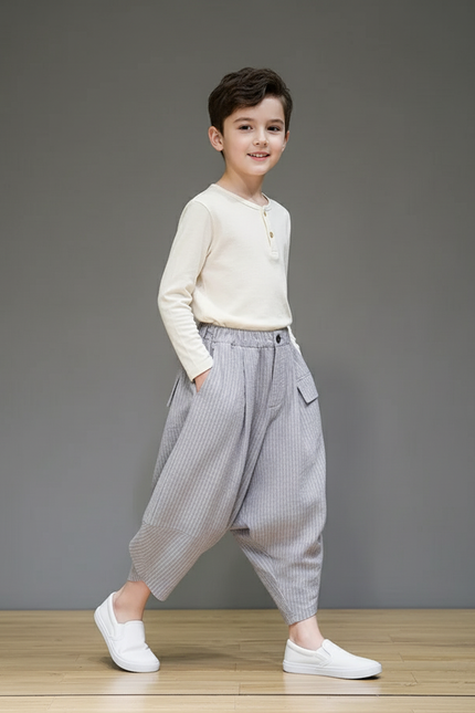 Pantalon Baggy Gris Rayé Ample Coton Enfant