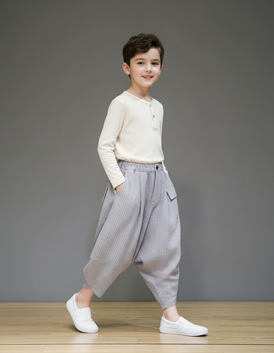 Pantalon Baggy Gris Rayé Ample Coton Enfant