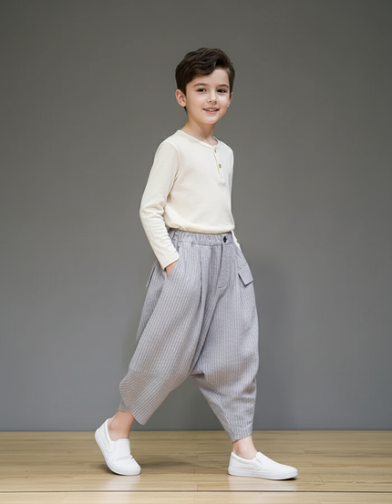 Pantalon Baggy Gris Rayé Ample Coton Enfant