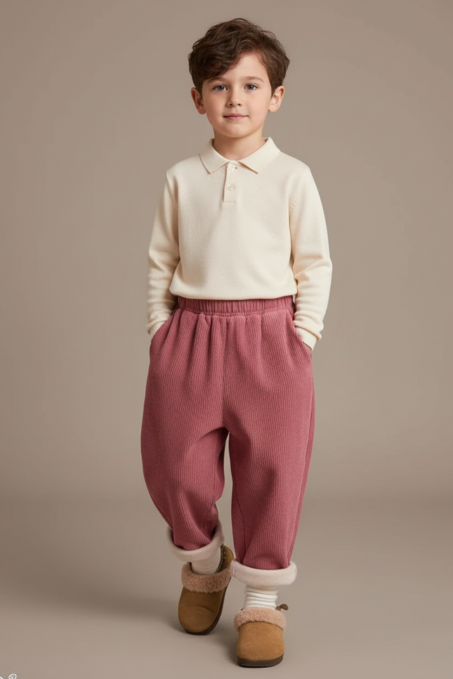 Pantalon Baggy Rose Côtelé Doublé Chaud Enfant - Cordé