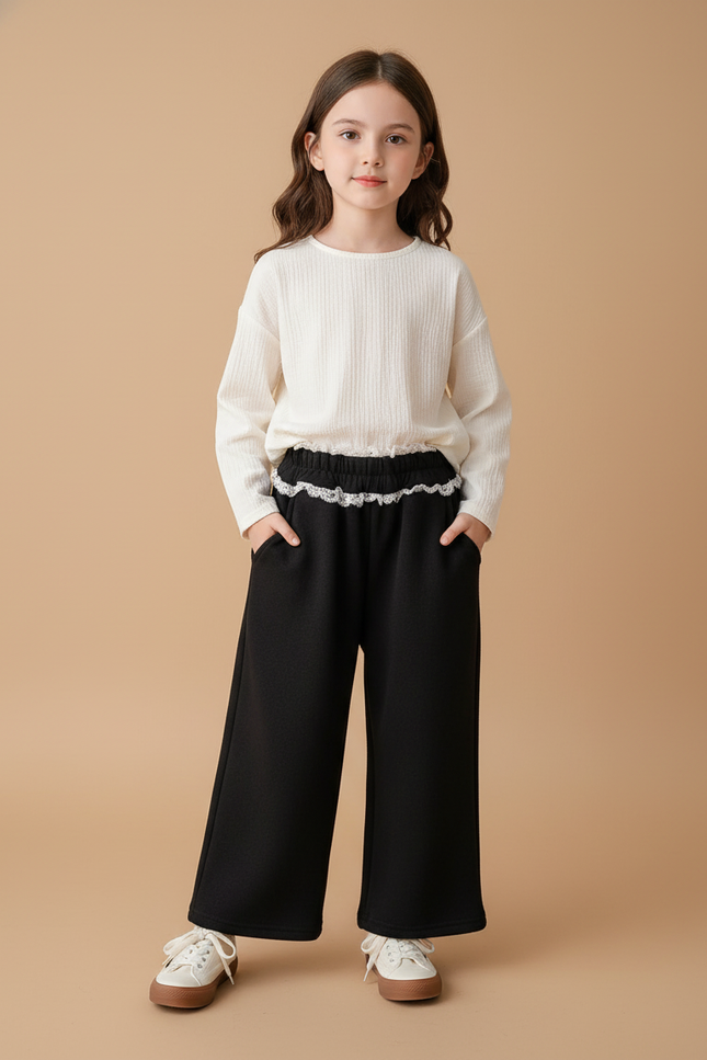 Pantalon Baggy Noir Ample Fille Dentelle Chaud Hiver - Molleton
