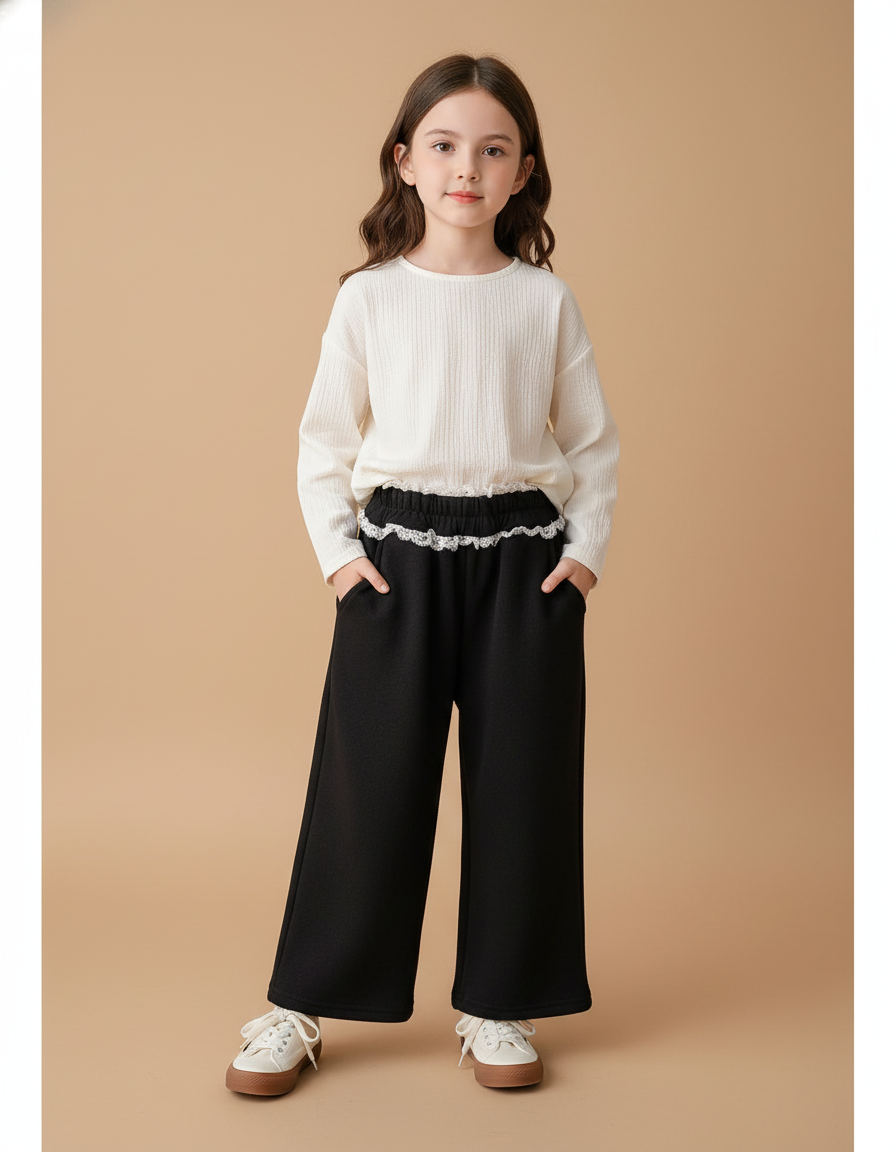 Pantalon Baggy Noir Ample Fille Dentelle Chaud Hiver - Molleton